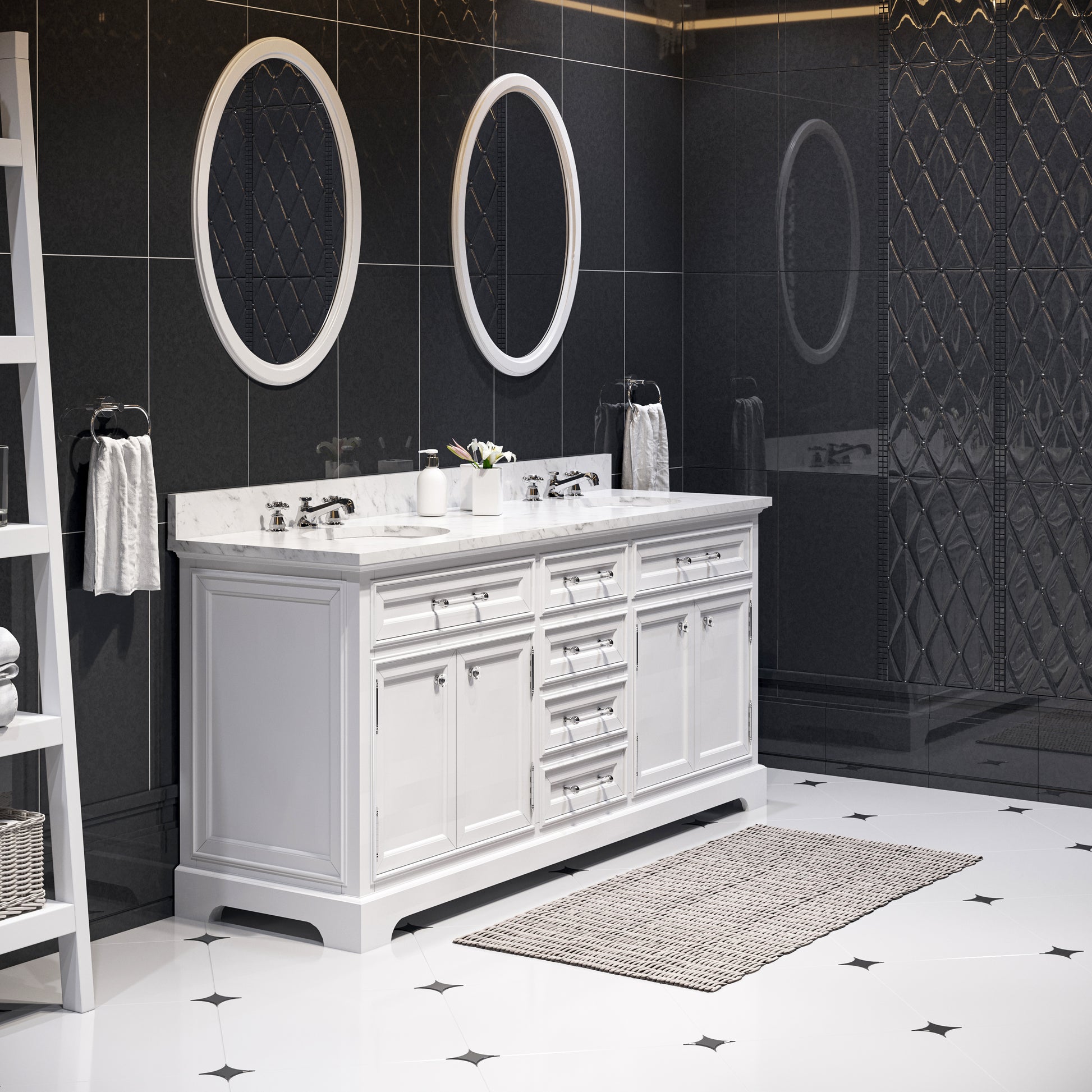 Derby 72 in. x 34 in. H Bath Vanity in White with Marble Vanity Top in Carrara White with White Basin | Water Creation