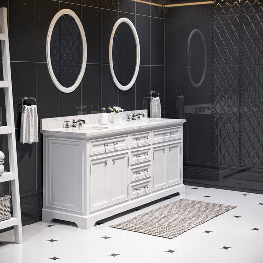 Derby 72 in. x 34 in. H Bath Vanity in White with Marble Vanity Top in Carrara White with White Basin | Water Creation