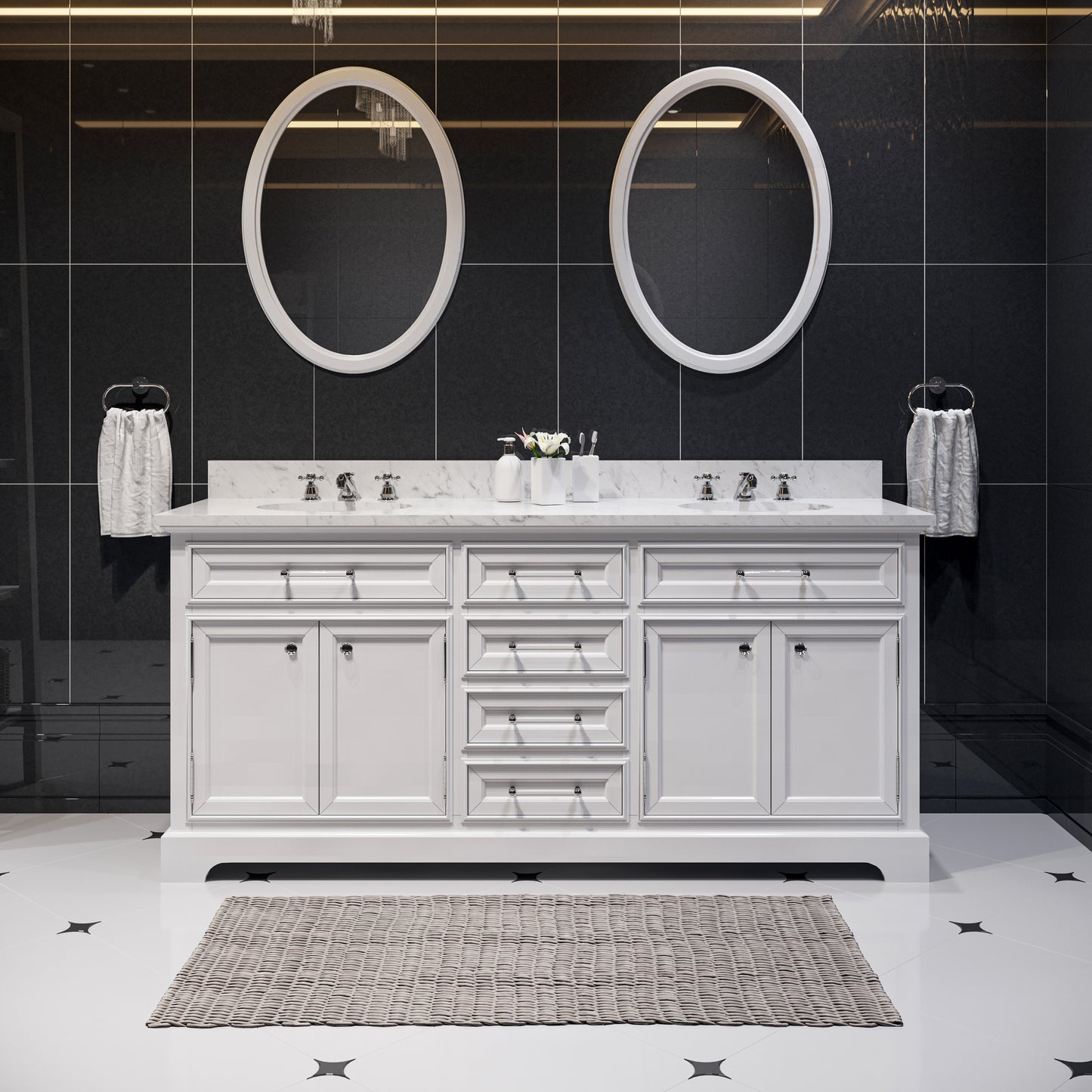 Derby 72 in. x 34 in. H Bath Vanity in White with Marble Vanity Top in Carrara White with White Basin | Water Creation
