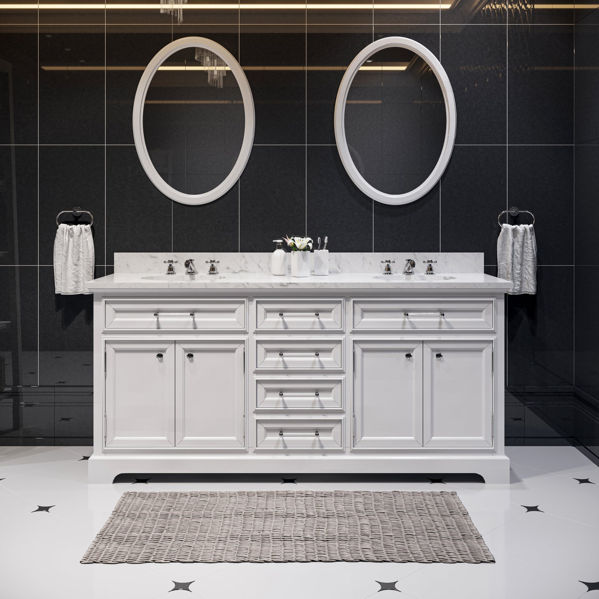 Derby 72 in. x 34 in. H Bath Vanity in White with Marble Vanity Top in Carrara White with White Basin | Water Creation