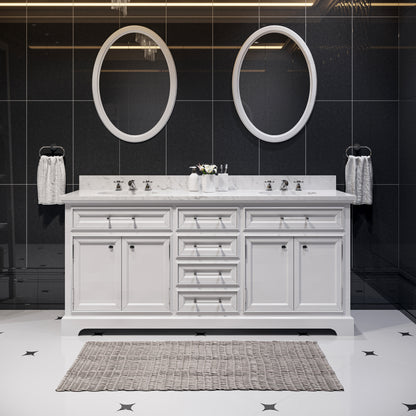 Derby 72 in. x 34 in. H Bath Vanity in White with Marble Vanity Top in Carrara White with White Basin | Water Creation
