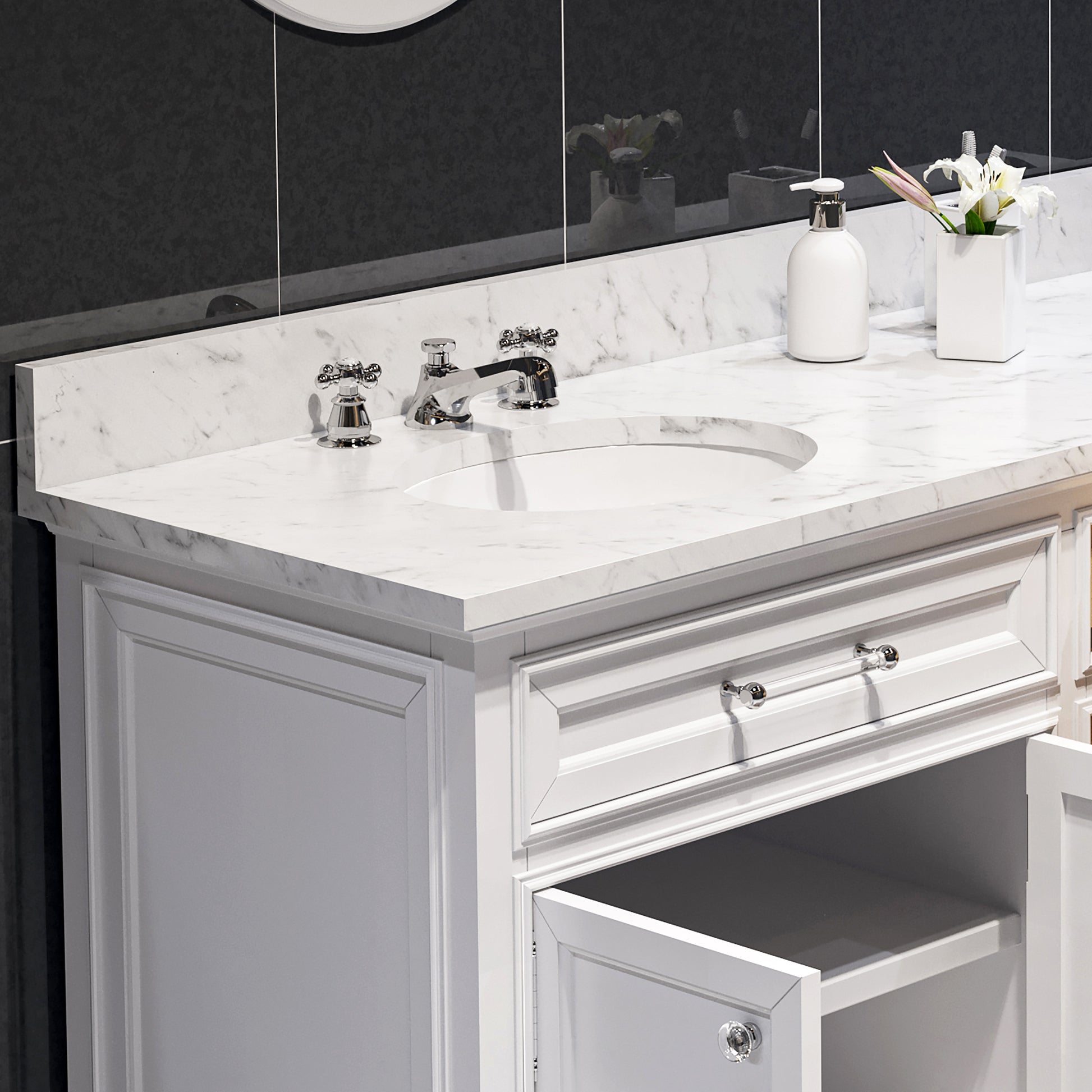 Derby 72 in. x 34 in. H Bath Vanity in White with Marble Vanity Top in Carrara White with White Basin | Water Creation
