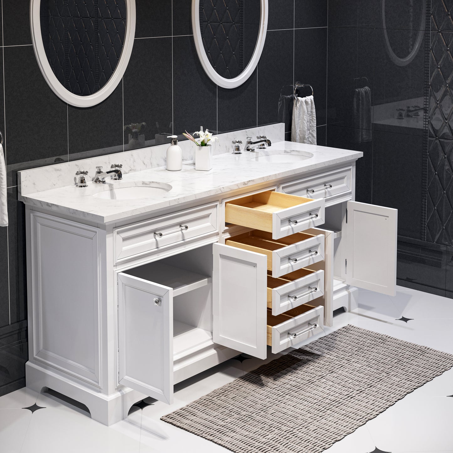 Derby 72 in. x 34 in. H Bath Vanity in White with Marble Vanity Top in Carrara White with White Basin | Water Creation