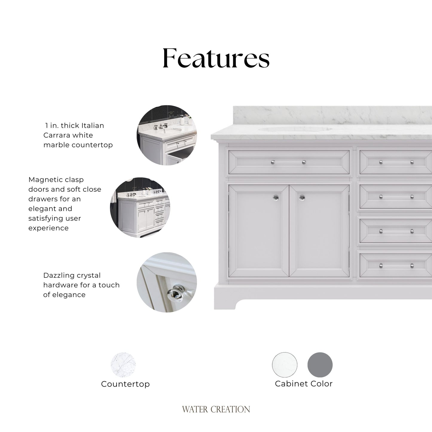 Derby 72 in. x 34 in. H Bath Vanity in White with Marble Vanity Top in Carrara White with White Basin | Water Creation