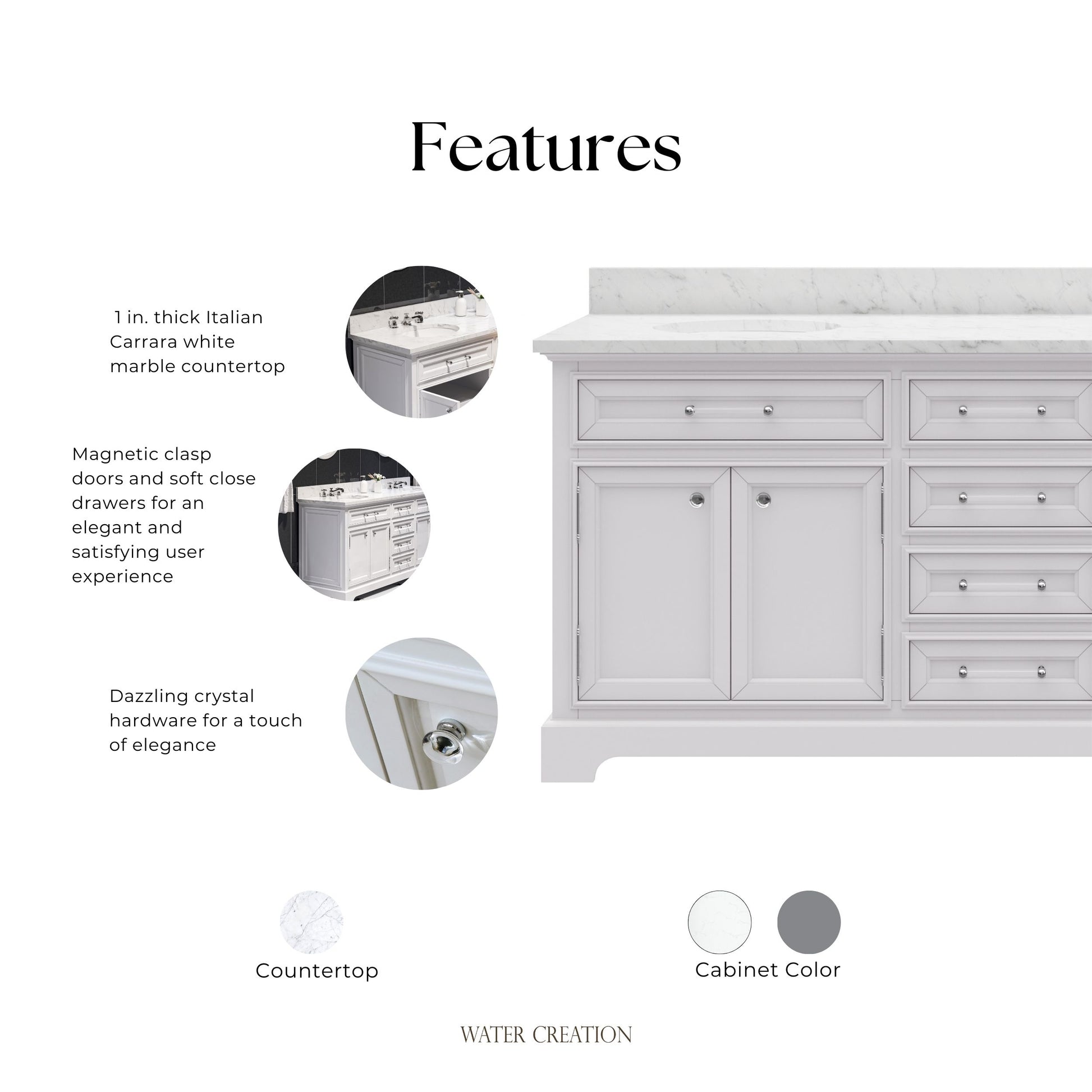 Derby 72 in. x 34 in. H Bath Vanity in White with Marble Vanity Top in Carrara White with White Basin | Water Creation