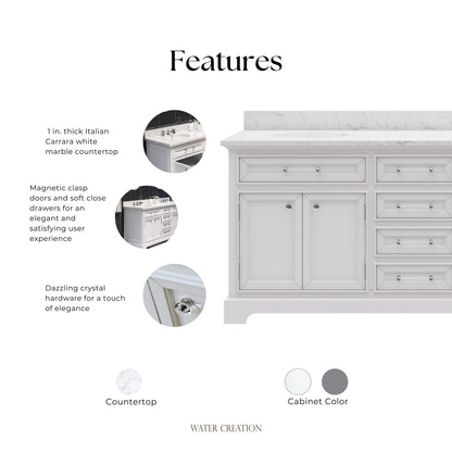 Derby 72 in. x 34 in. H Bath Vanity in White with Marble Vanity Top in Carrara White with White Basin | Water Creation