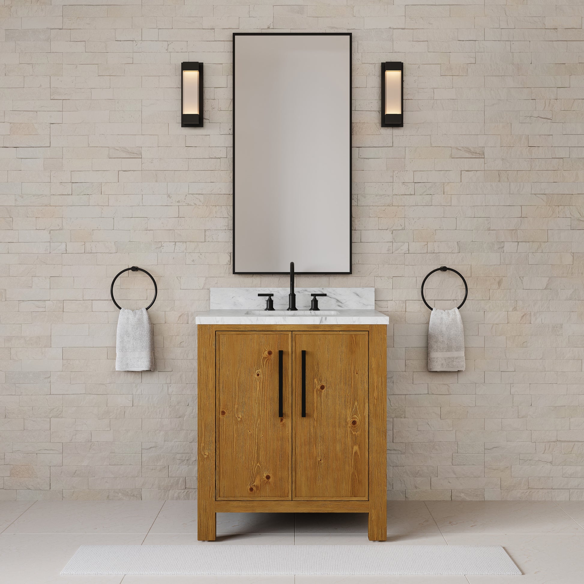 Dino 30 in. Single Sink Freestanding Sierra Oak Bath Vanity with Cararara White Engineered Marble Top (Assembled) | Water Creation