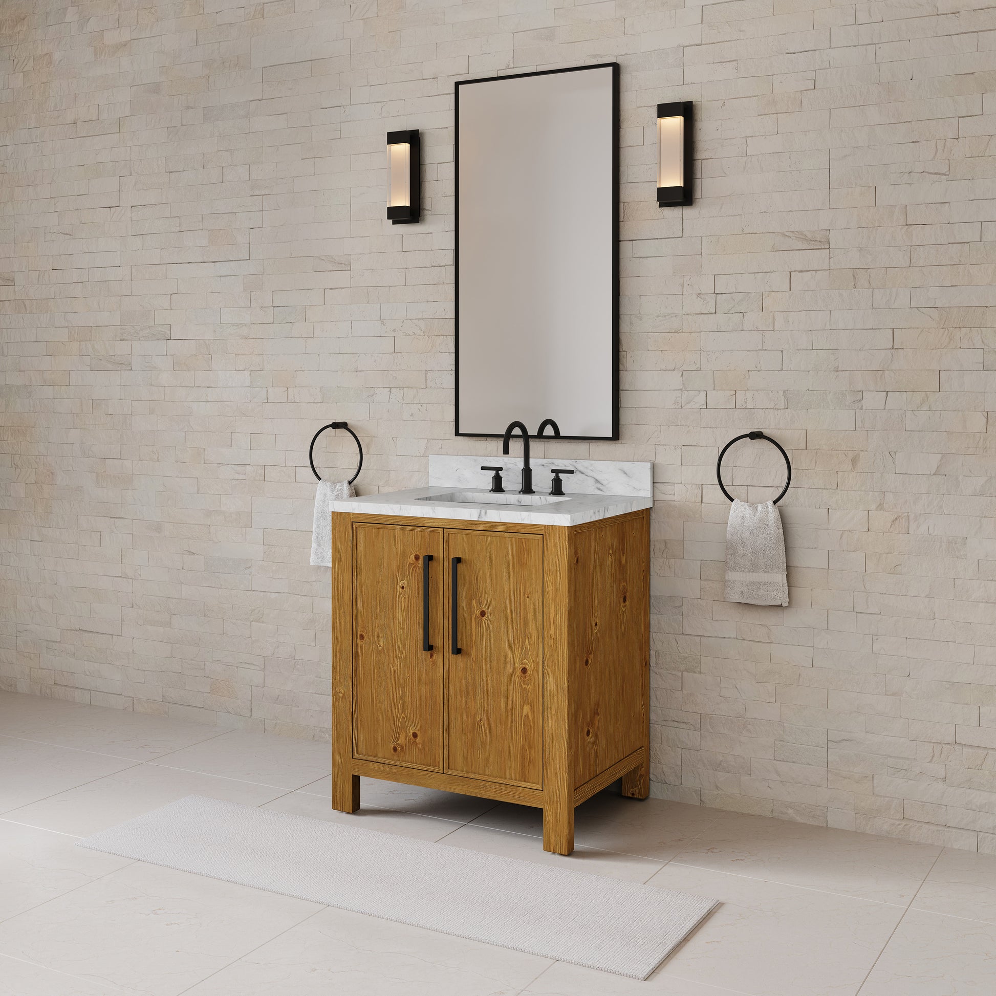 Dino 30 in. Single Sink Freestanding Sierra Oak Bath Vanity with Cararara White Engineered Marble Top (Assembled) | Water Creation