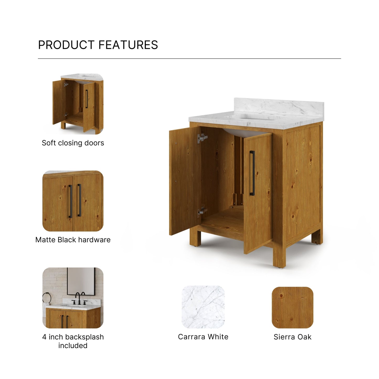 Dino 30 in. Single Sink Freestanding Sierra Oak Bath Vanity with Cararara White Engineered Marble Top (Assembled) | Water Creation