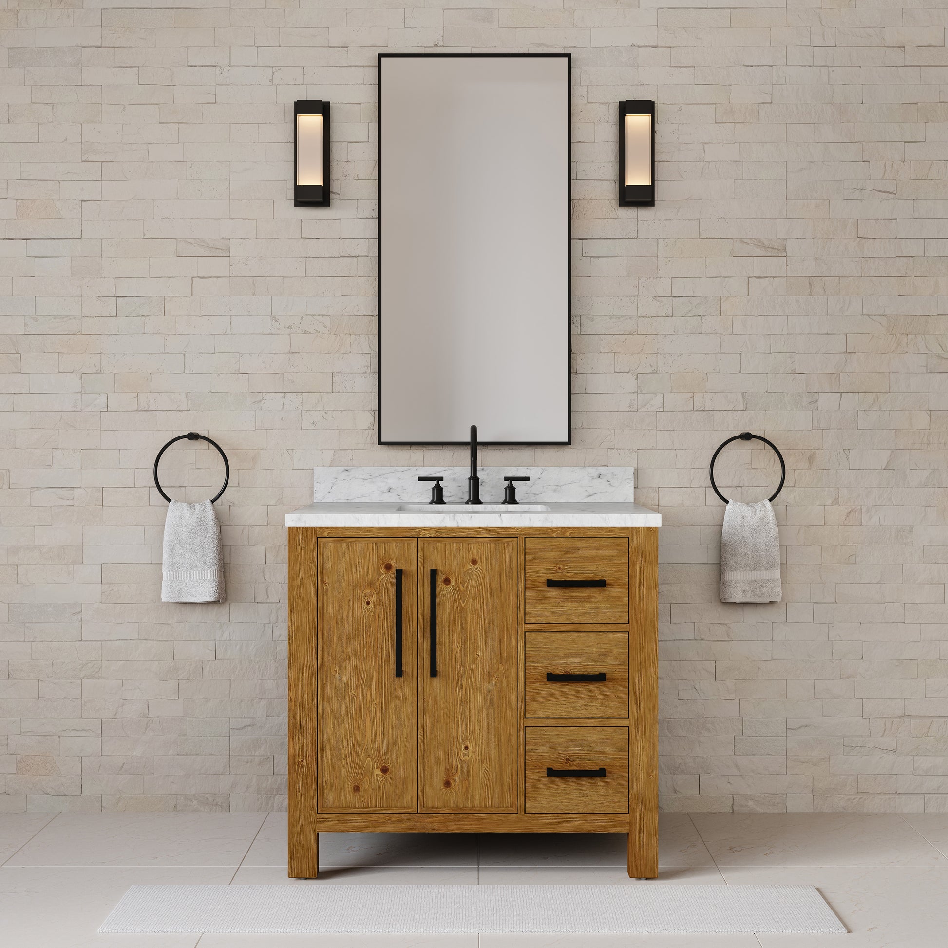 Dino 36 in. Single Sink Freestanding Sierra Oak Bath Vanity with Cararara White Engineered Marble Top (Assembled) | Water Creation