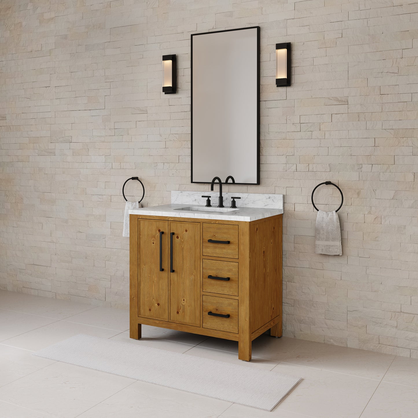 Dino 36 in. Single Sink Freestanding Sierra Oak Bath Vanity with Cararara White Engineered Marble Top (Assembled) | Water Creation
