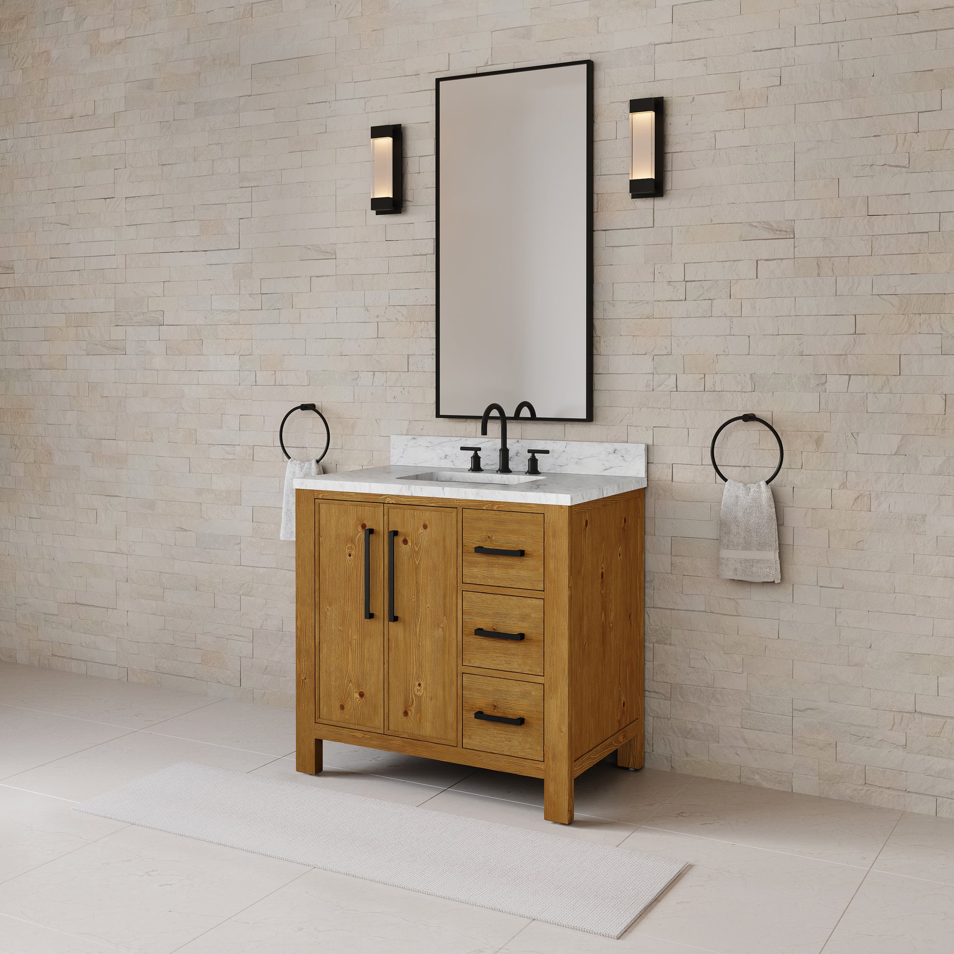 Dino 36 in. Single Sink Freestanding Sierra Oak Bath Vanity with Cararara White Engineered Marble Top (Assembled) | Water Creation