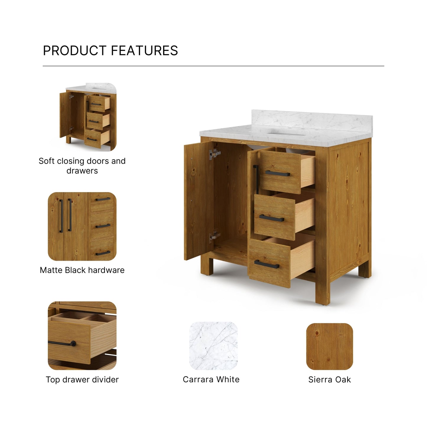 Dino 36 in. Single Sink Freestanding Sierra Oak Bath Vanity with Cararara White Engineered Marble Top (Assembled) | Water Creation