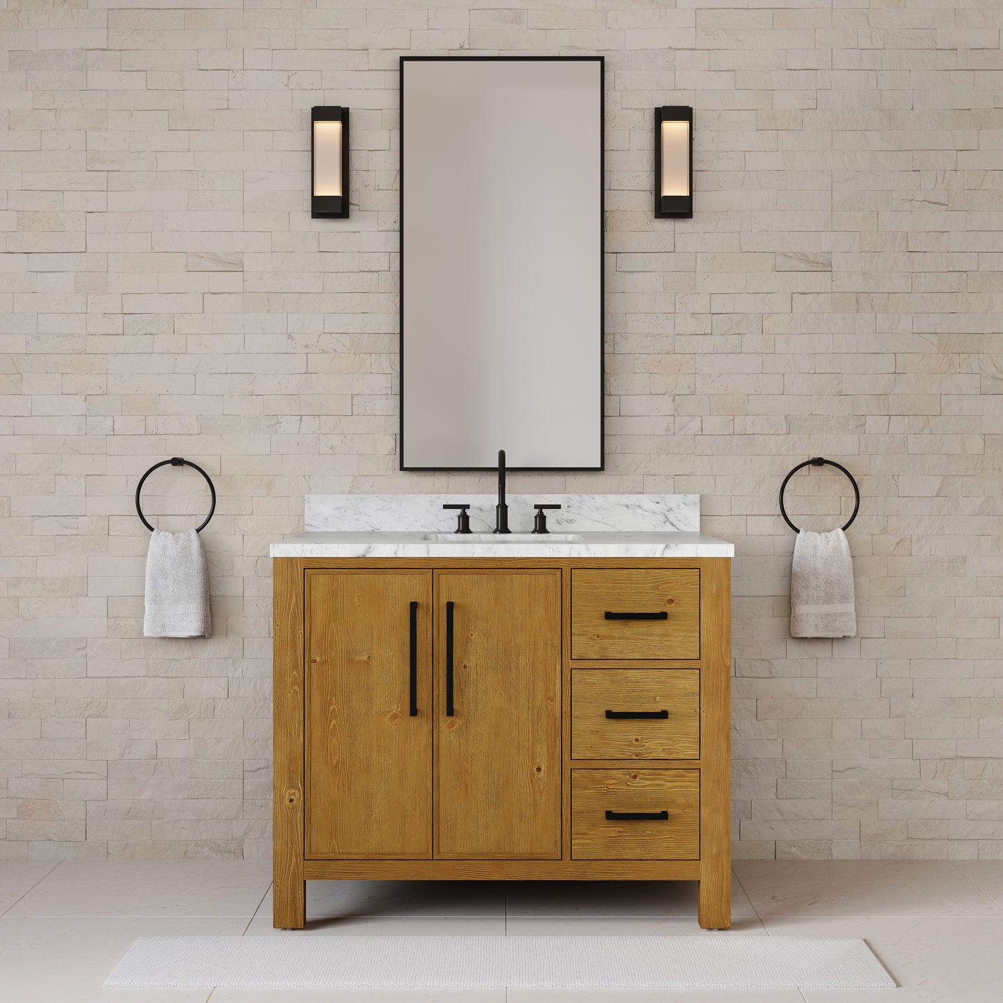 Dino 42 in. Single Sink Freestanding Sierra Oak Bath Vanity with Cararara White Engineered Marble Top (Assembled) | Water Creation