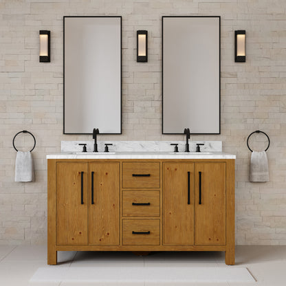 Dino 60 in. Double Sink Freestanding Sierra Oak Bath Vanity with Cararara White Engineered Marble Top (Assembled) | Water Creation