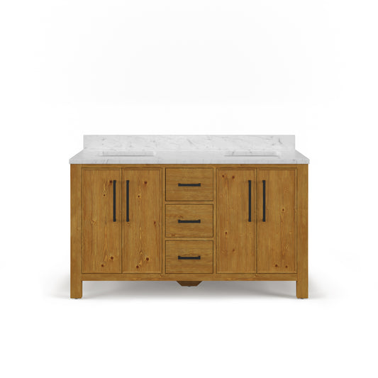 Dino 60 in. Double Sink Freestanding Sierra Oak Bath Vanity with Cararara White Engineered Marble Top (Assembled) | Water Creation