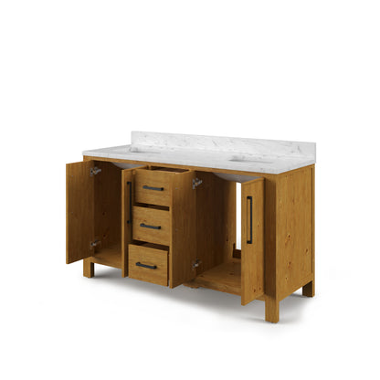 Dino 60 in. Double Sink Freestanding Sierra Oak Bath Vanity with Cararara White Engineered Marble Top (Assembled) | Water Creation