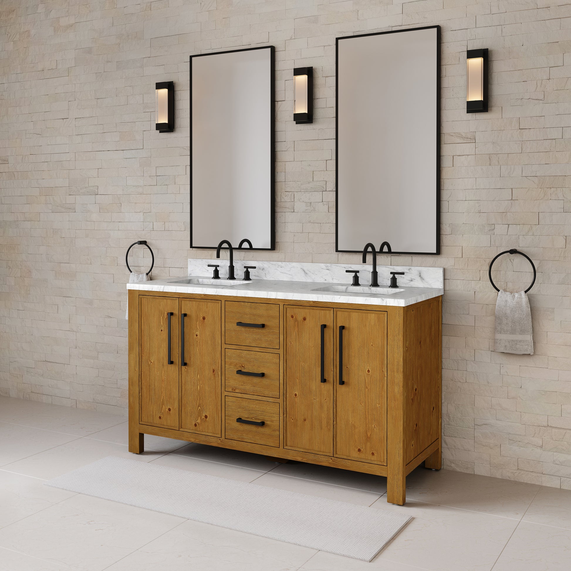 Dino 60 in. Double Sink Freestanding Sierra Oak Bath Vanity with Cararara White Engineered Marble Top (Assembled) | Water Creation
