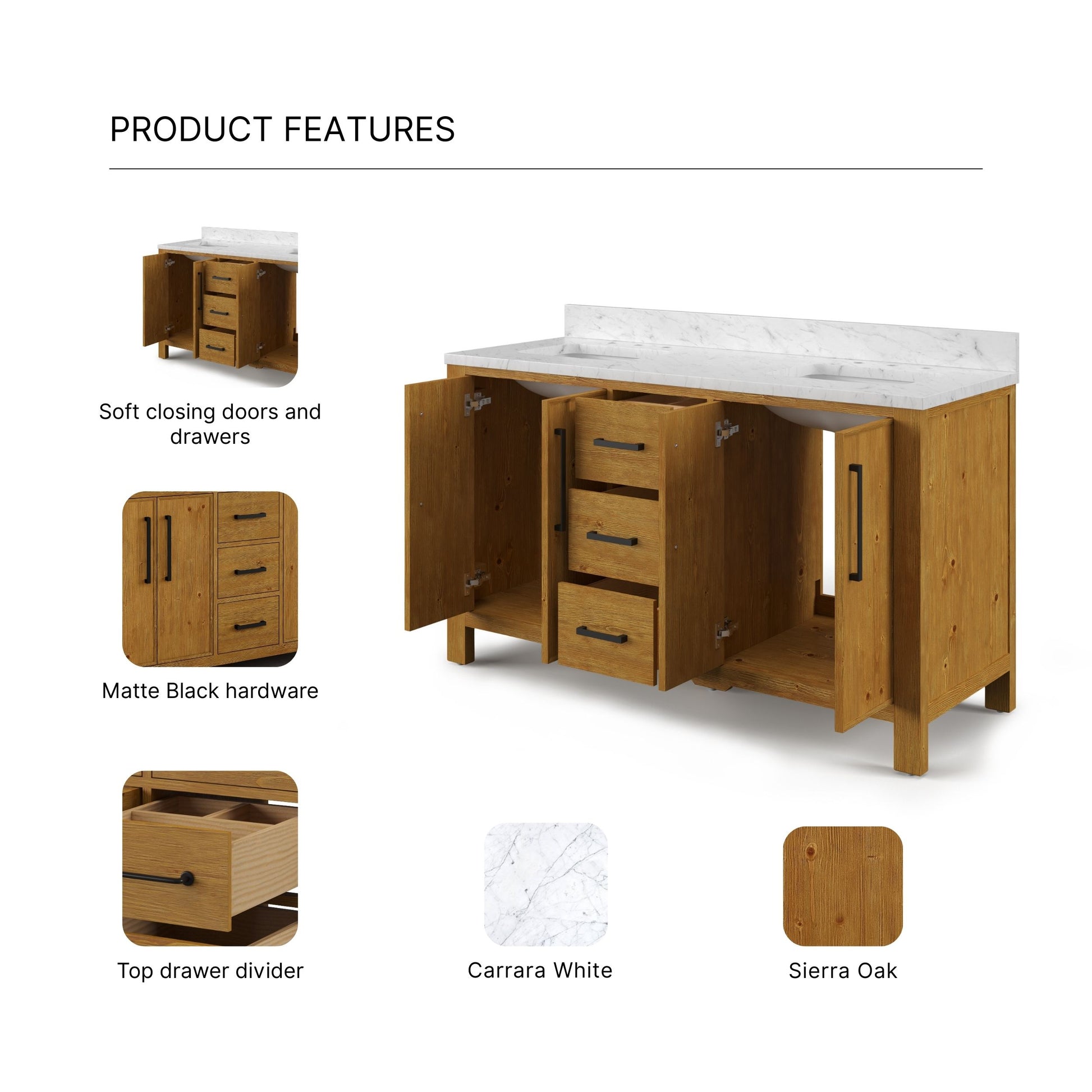 Dino 60 in. Double Sink Freestanding Sierra Oak Bath Vanity with Cararara White Engineered Marble Top (Assembled) | Water Creation