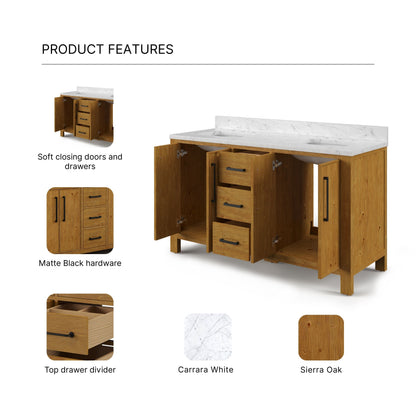Dino 60 in. Double Sink Freestanding Sierra Oak Bath Vanity with Cararara White Engineered Marble Top (Assembled) | Water Creation