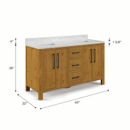 Dino 60 in. Double Sink Freestanding Sierra Oak Bath Vanity with Cararara White Engineered Marble Top (Assembled) | Water Creation