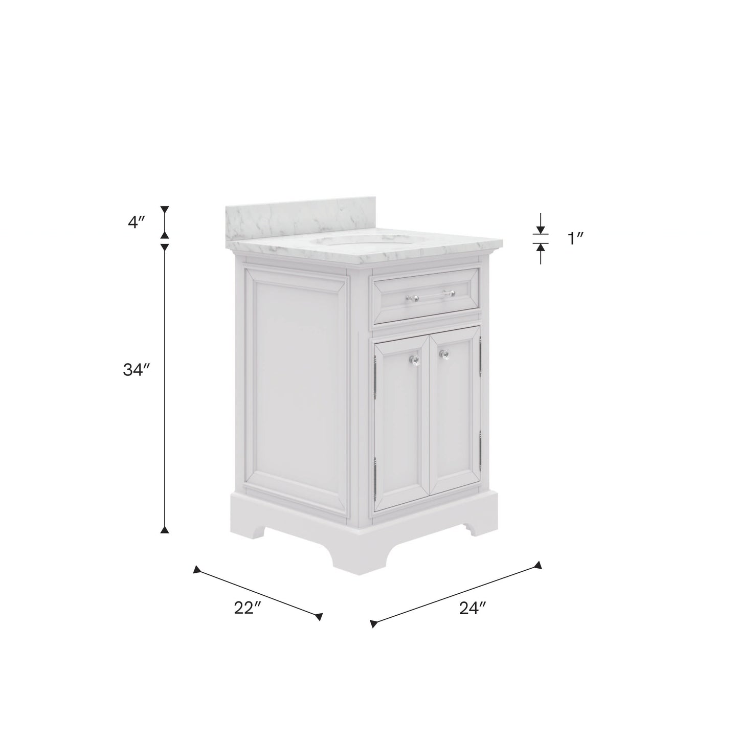 Derby 24 in. x 34 in. H Bath Vanity in White with Marble Vanity Top in Carrara White with White Basin | Water Creation