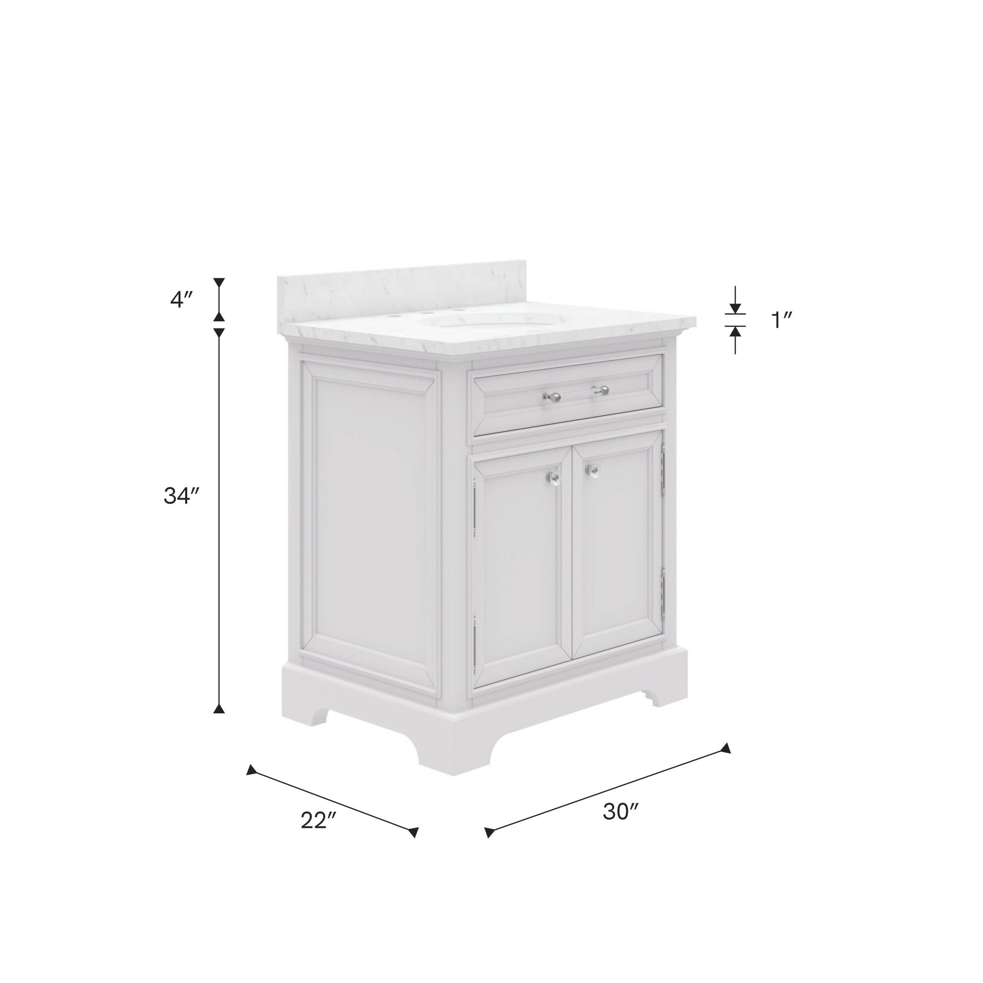 Derby 30 in. x 34 in. H Bath Vanity in White with Marble Vanity Top in Carrara White with White Basin | Water Creation