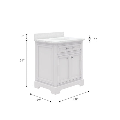 Derby 30 in. x 34 in. H Bath Vanity in White with Marble Vanity Top in Carrara White with White Basin | Water Creation