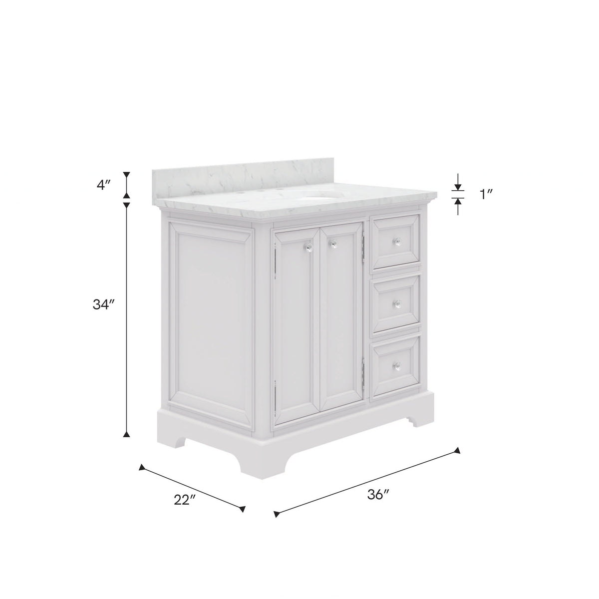 Derby 36 in. W x 34 in. H Vanity in White with Marble Vanity Top in Carrara White with White Basin | Water Creation