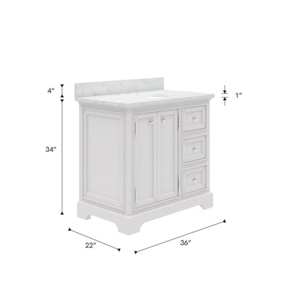 Derby 36 in. W x 34 in. H Vanity in White with Marble Vanity Top in Carrara White with White Basin | Water Creation