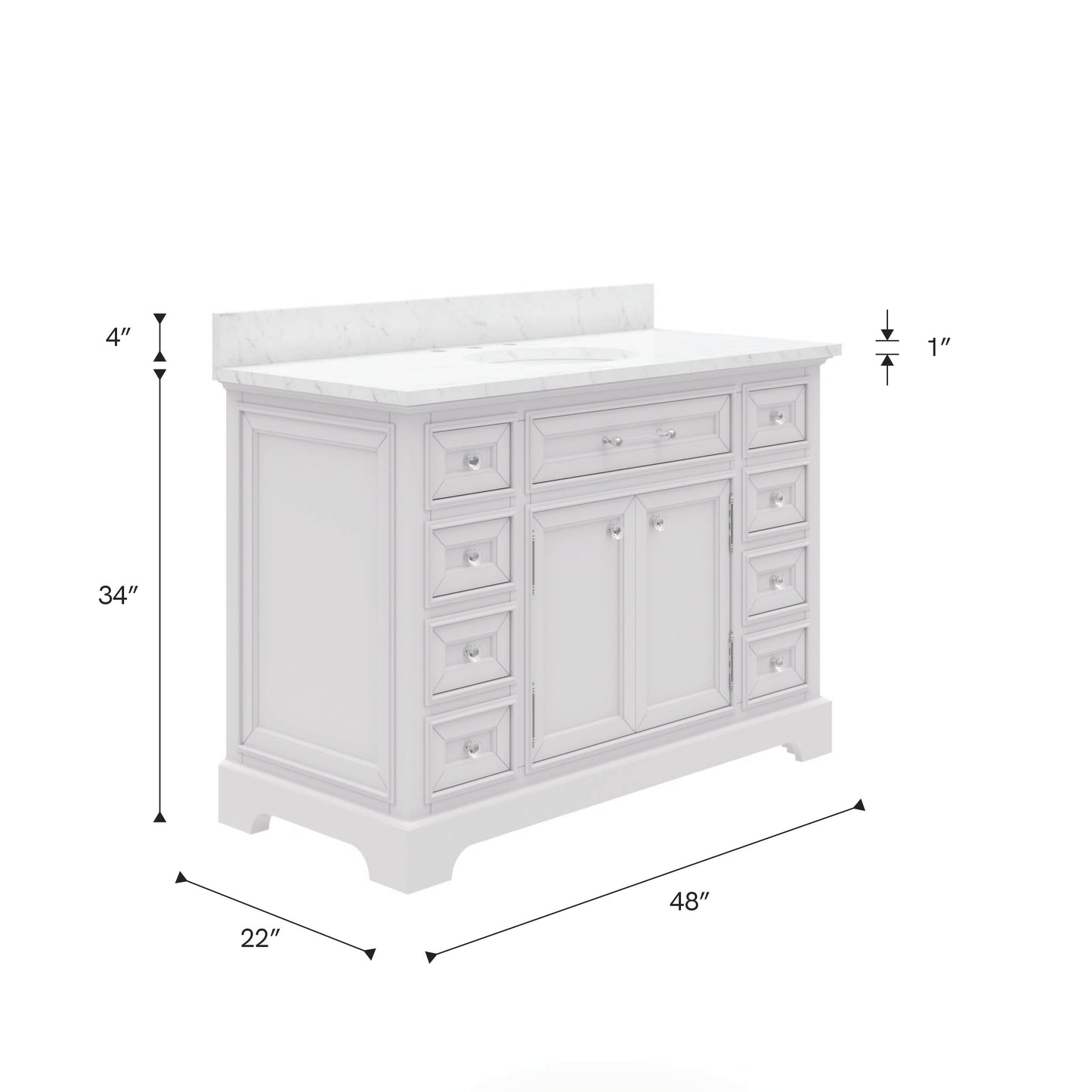 Derby 48 in. x 34 in. H Bath Vanity in White with Marble Vanity Top in Carrara White with White Basin | Water Creation