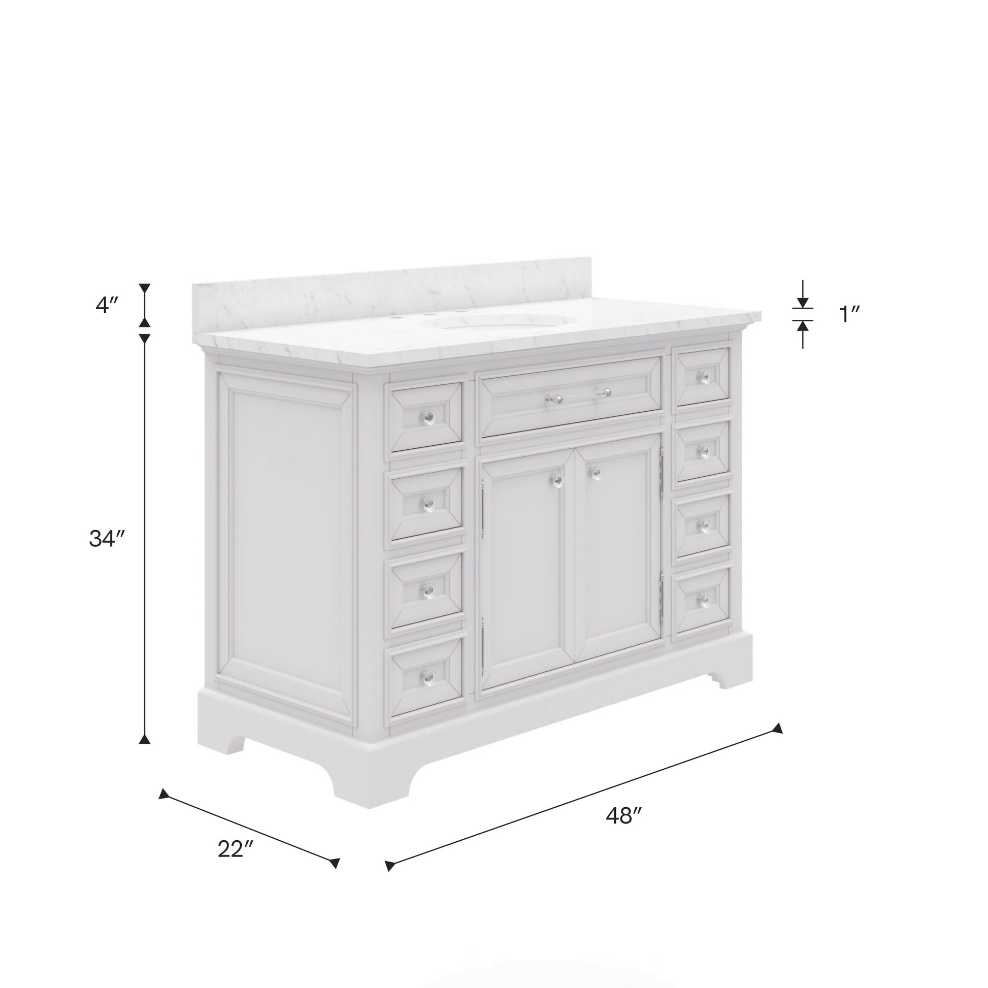 Derby 48 in. x 34 in. H Bath Vanity in White with Marble Vanity Top in Carrara White with White Basin | Water Creation