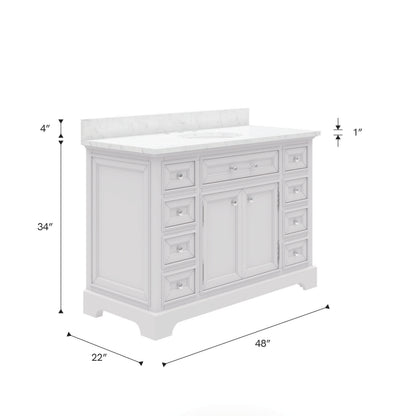 Derby 48 in. x 34 in. H Bath Vanity in White with Marble Vanity Top in Carrara White with White Basin | Water Creation