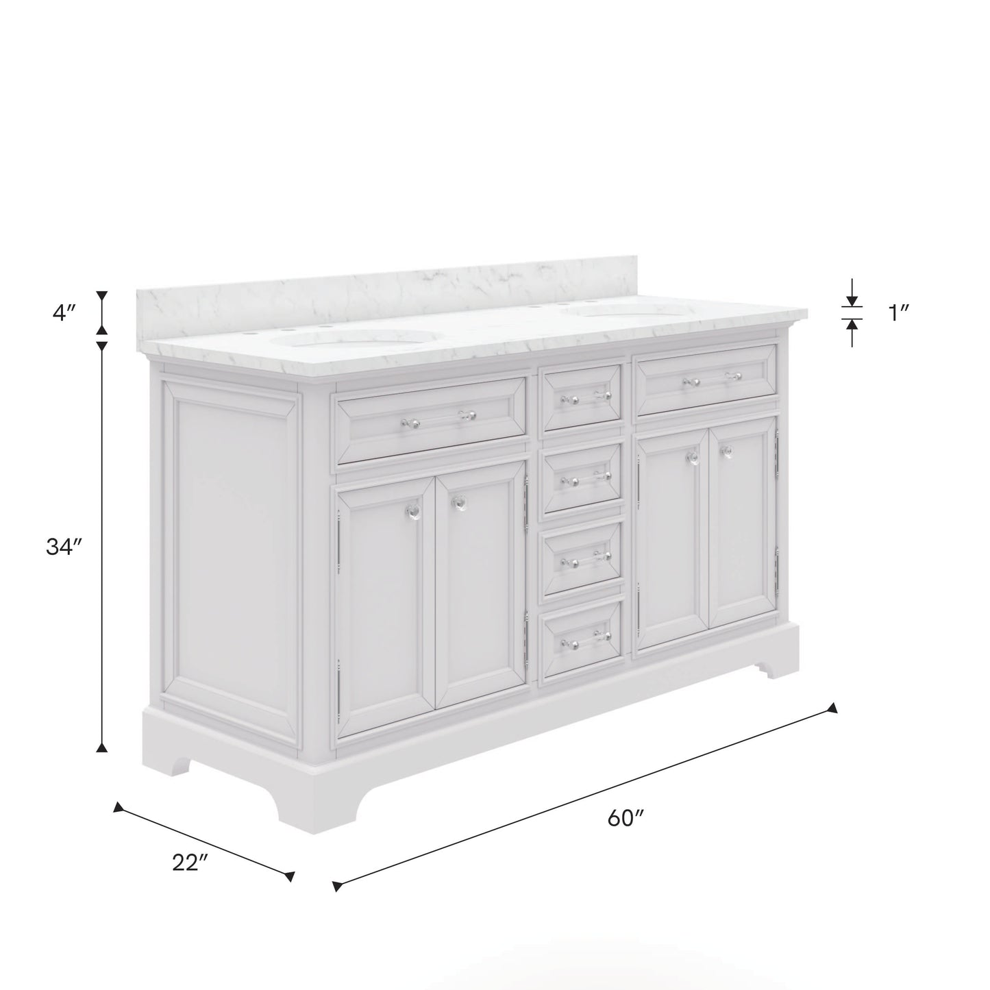 Derby 60 in. x 34 in. H Bath Vanity in White with Marble Vanity Top in Carrara White with White Basin | Water Creation