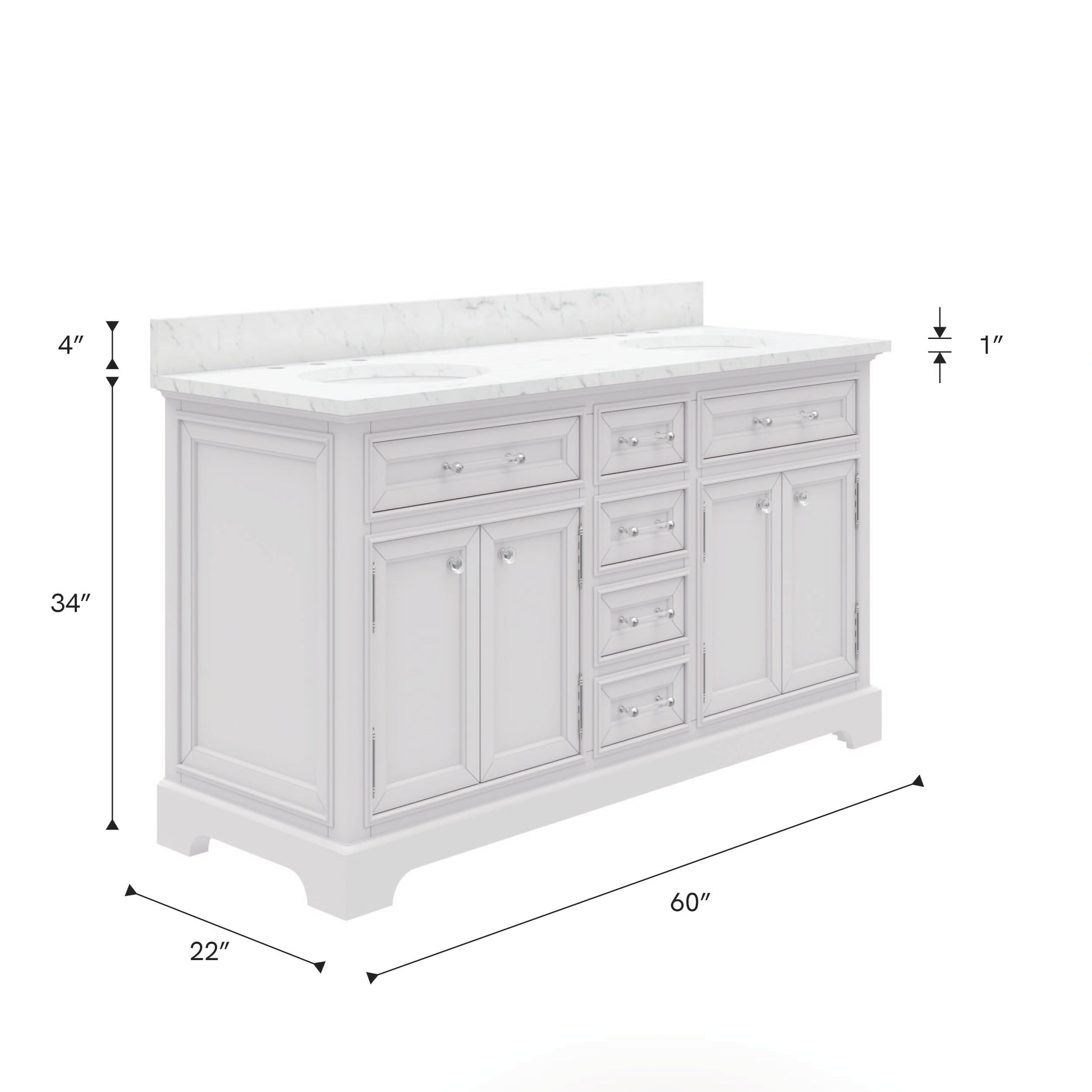 Derby 60 in. x 34 in. H Bath Vanity in White with Marble Vanity Top in Carrara White with White Basin | Water Creation