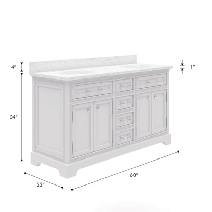 Derby 60 in. x 34 in. H Bath Vanity in White with Marble Vanity Top in Carrara White with White Basin | Water Creation