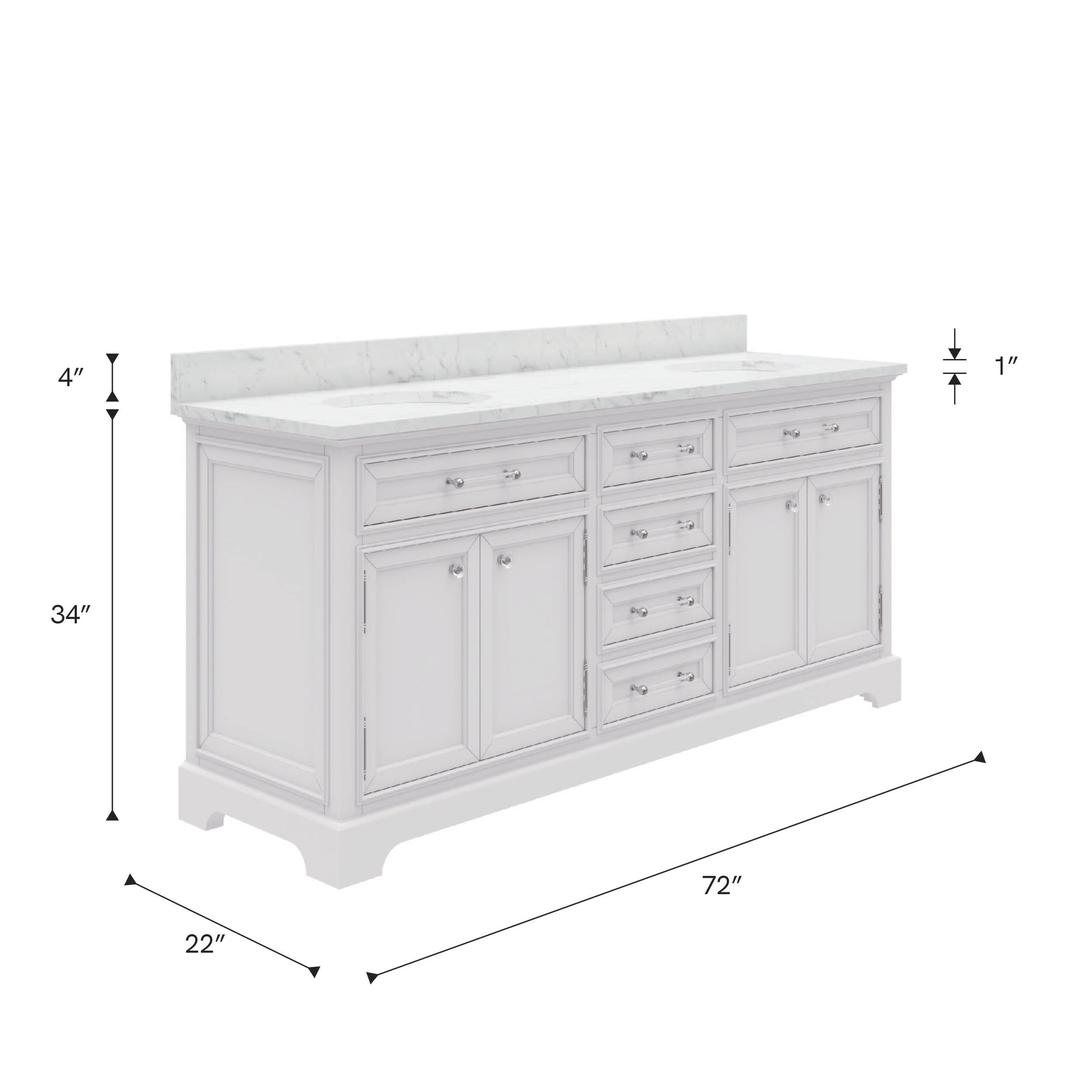Derby 72 in. x 34 in. H Bath Vanity in White with Marble Vanity Top in Carrara White with White Basin | Water Creation