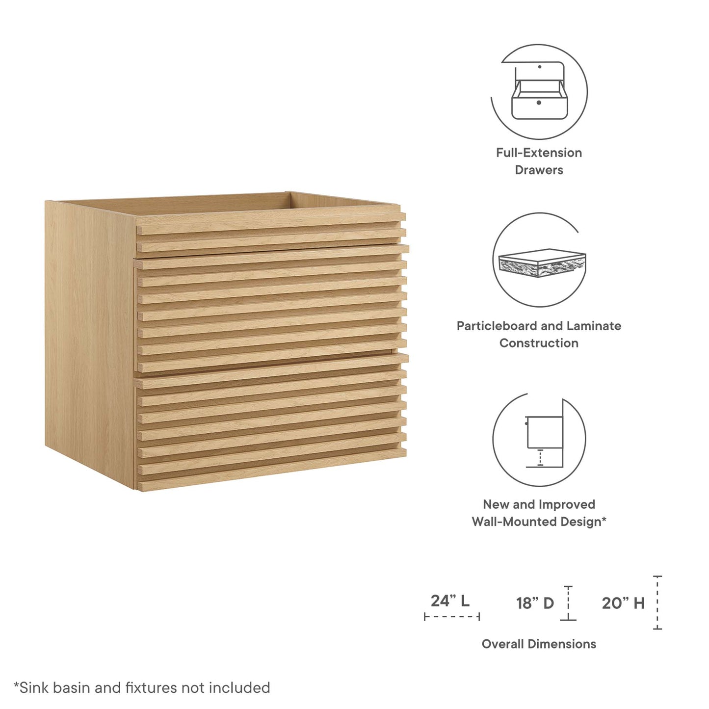 Modway, Render 24" Wall-Mount Bathroom Vanity Cabinet (Sink Basin Not Included)