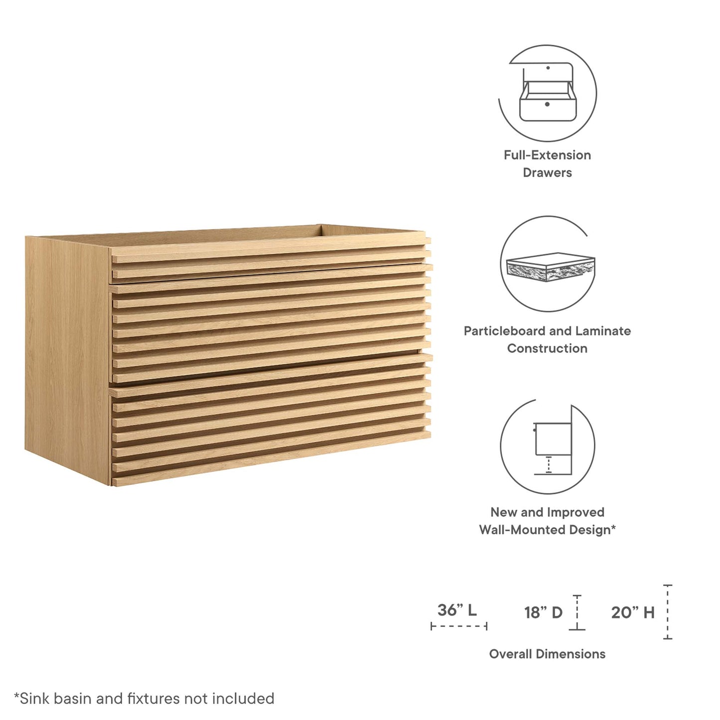 Modway, Render 36" Wall-Mount Bathroom Vanity Cabinet (Sink Basin Not Included)