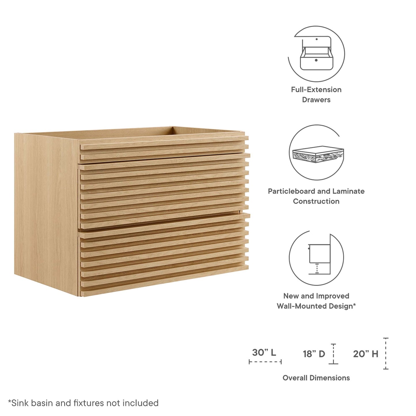 Modway, Render 30" Wall-Mount Bathroom Vanity Cabinet (Sink Basin Not Included)