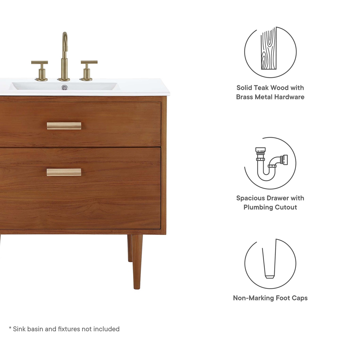 Modway, Cassia 36" Teak Wood Bathroom Vanity Cabinet (Sink Basin Not Included)