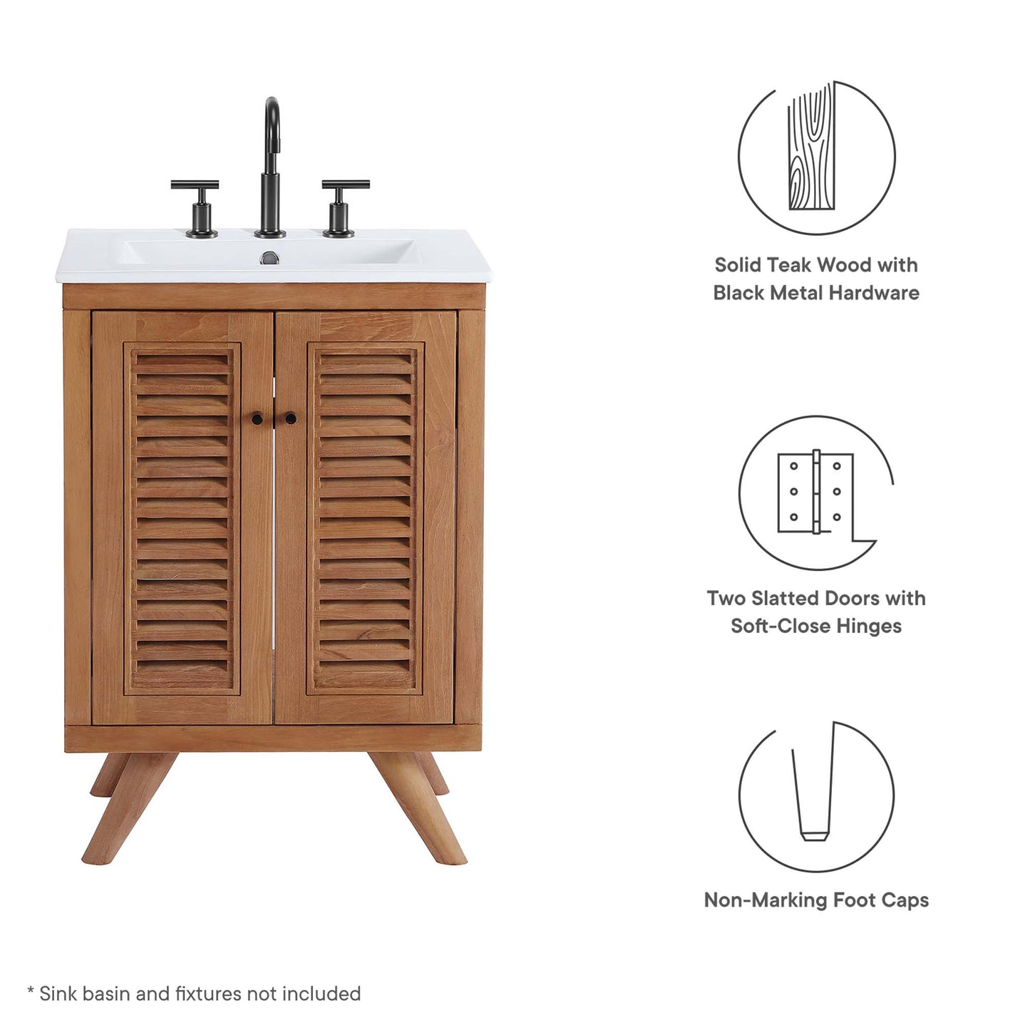 Modway, Birdie 24" Teak Wood Bathroom Vanity Cabinet (Sink Basin Not Included)