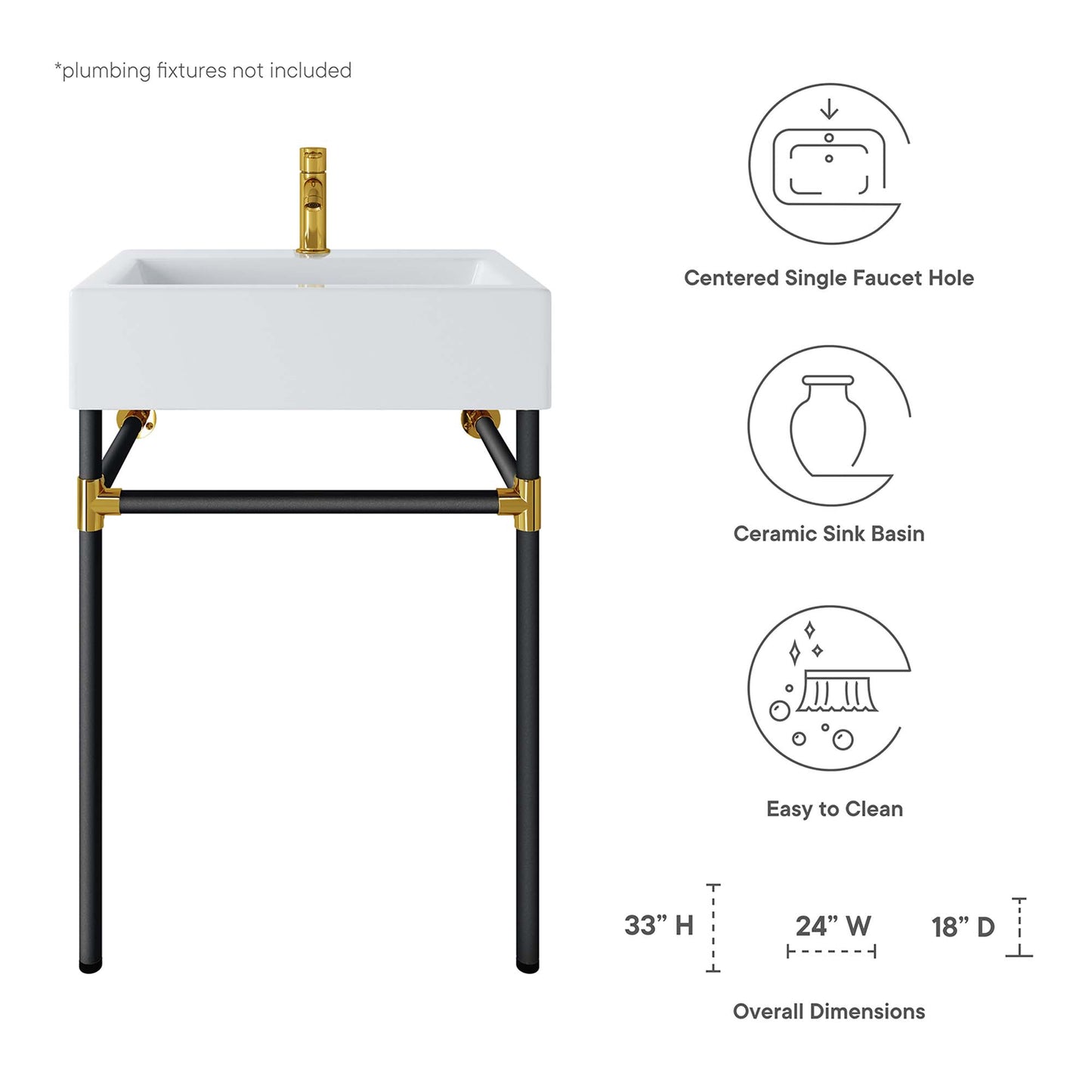 Modway, Redeem 24" Wall-Mount Black Stainless Steel Bathroom Vanity