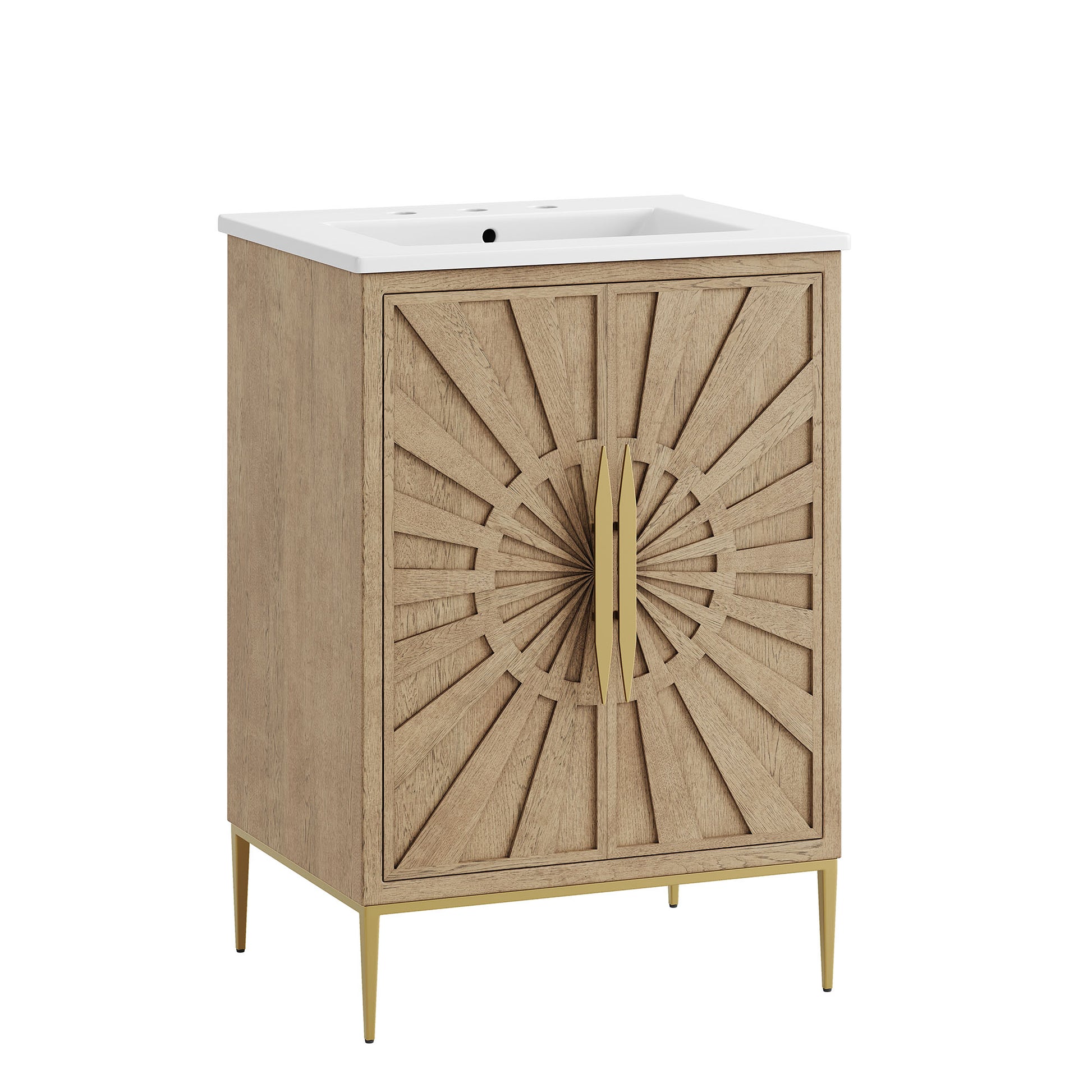 Modway Awaken 24 inch Oak White bathroom vanity with integrated ceramic sink and gold base