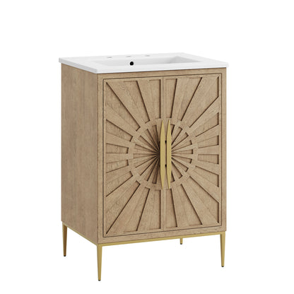 Modway Awaken 24 inch Oak White bathroom vanity with integrated ceramic sink and gold base