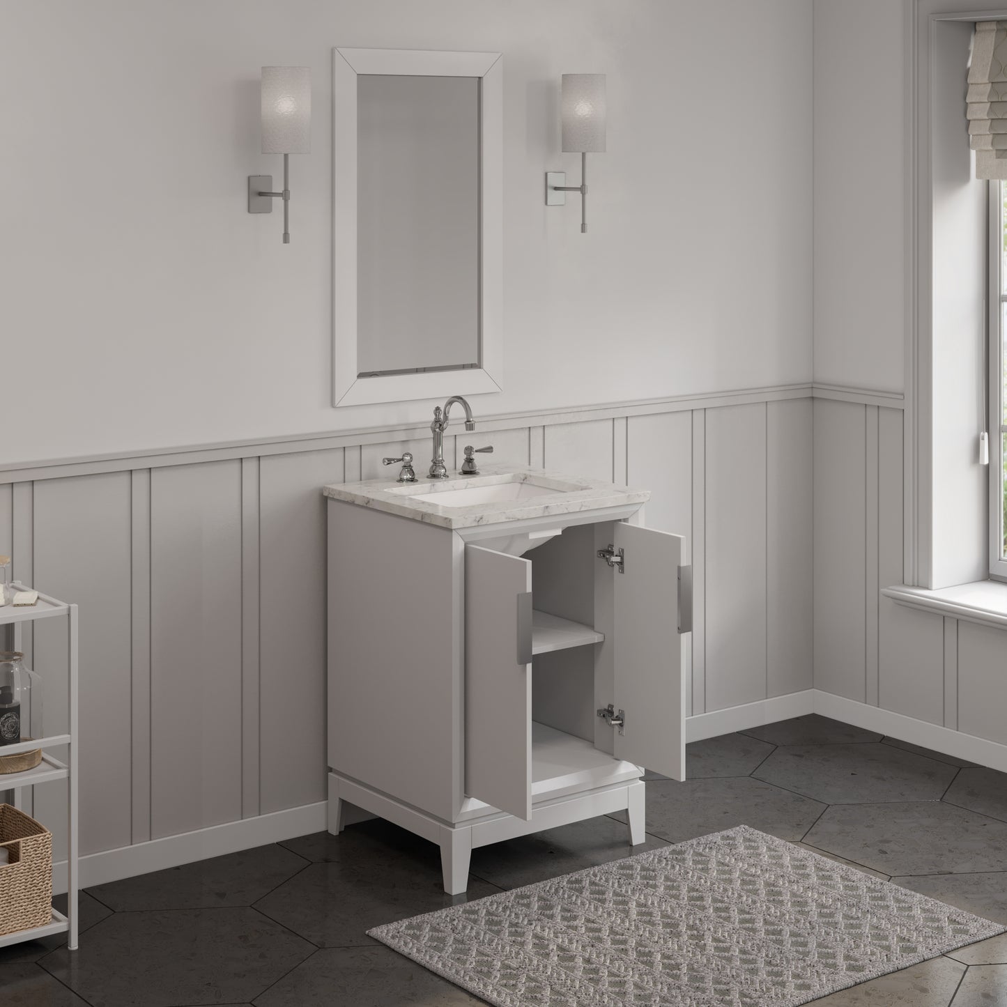Elizabeth Collection 24 in. Bath Vanity in Pure White With Vanity Top in Carrara White Marble - Vanity Only | Water Creation