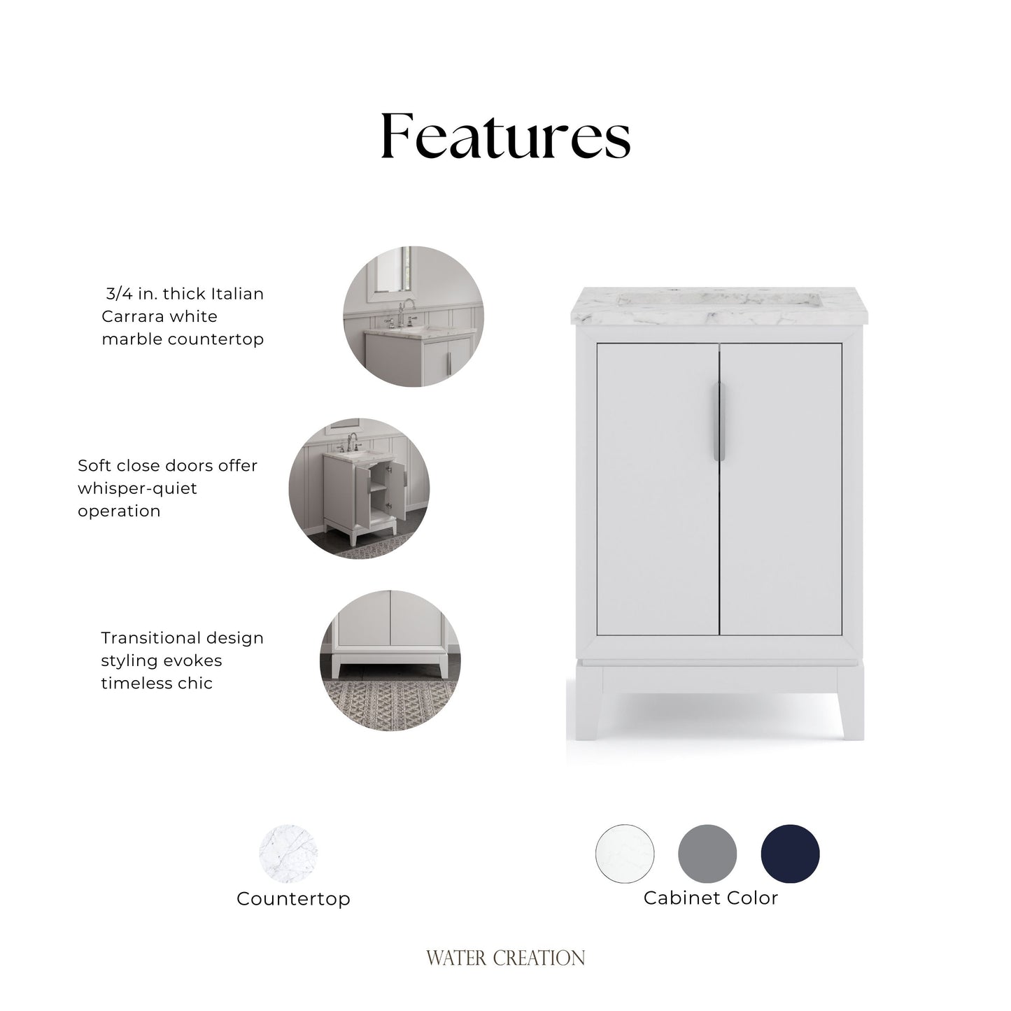 Elizabeth Collection 24 in. Bath Vanity in Pure White With Vanity Top in Carrara White Marble - Vanity Only | Water Creation