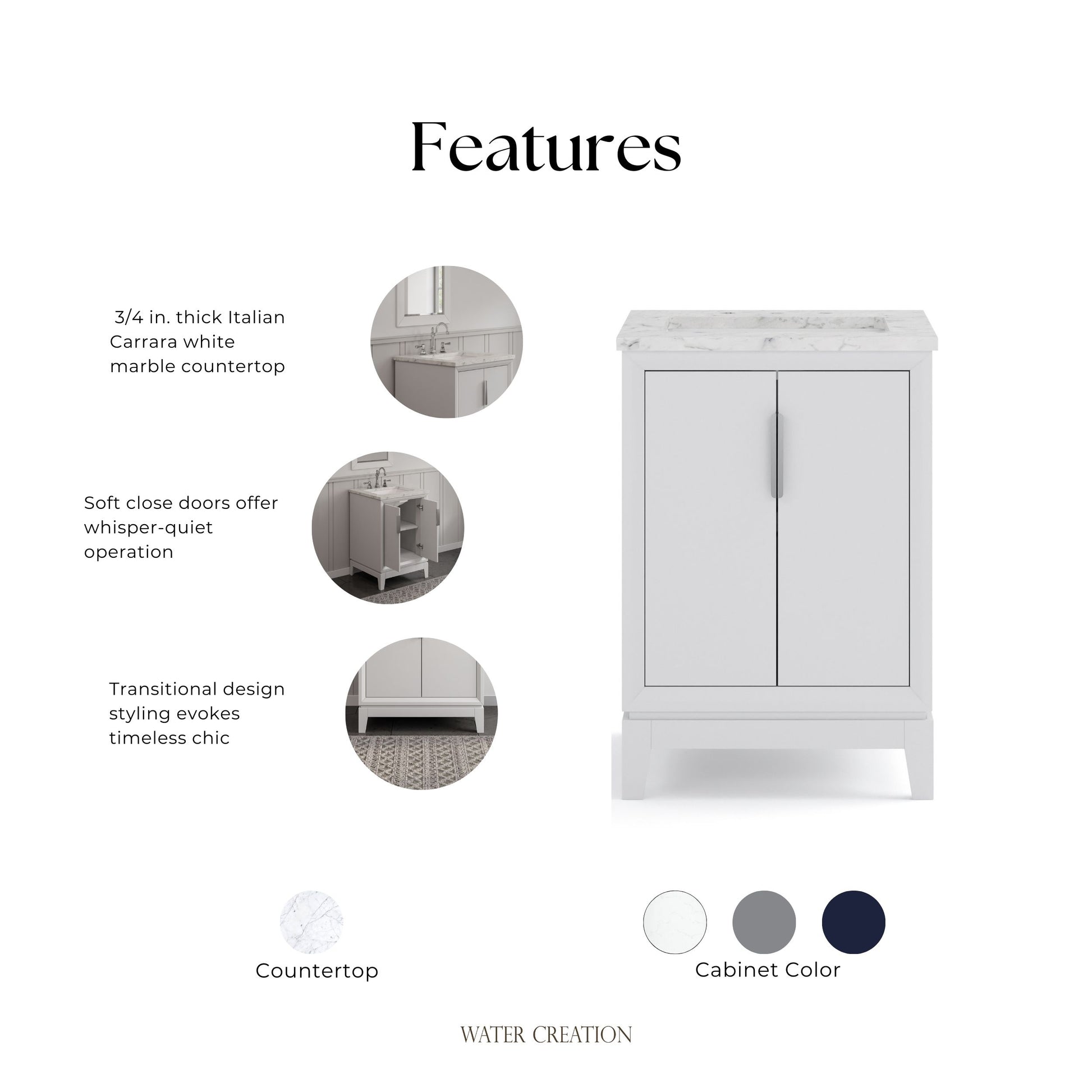 Elizabeth Collection 24 in. Bath Vanity in Pure White With Vanity Top in Carrara White Marble - Vanity Only | Water Creation