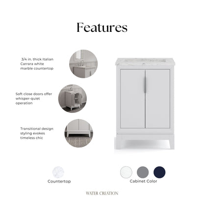 Elizabeth Collection 24 in. Bath Vanity in Pure White With Vanity Top in Carrara White Marble - Vanity Only | Water Creation
