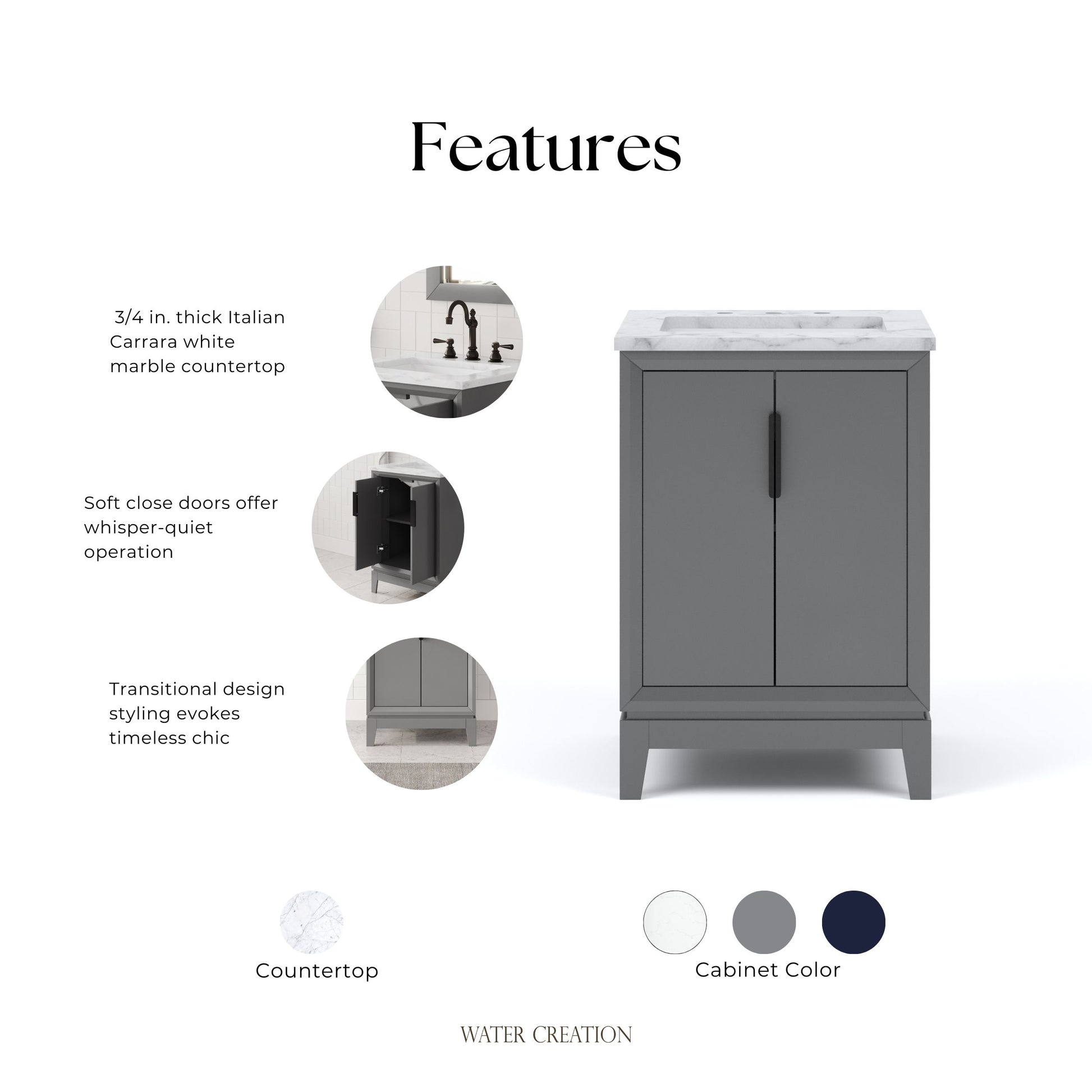 Elizabeth Collection 24 in. Bath Vanity in Cashmere Grey With Vanity Top in Carrara White Marble - Vanity Only | Water Creation